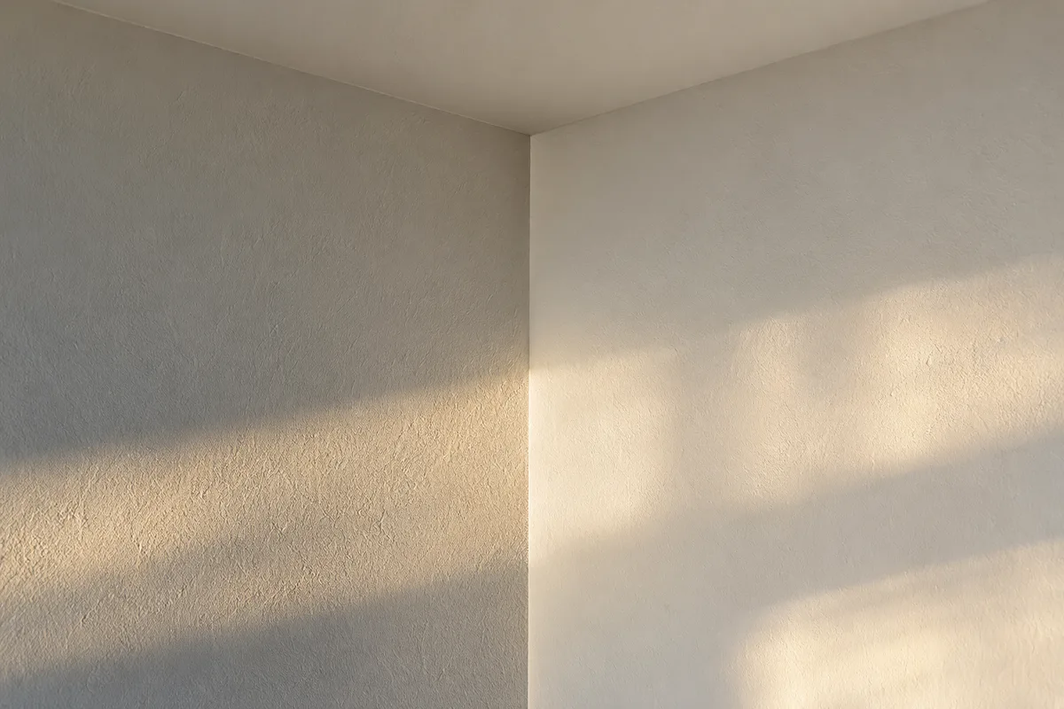 Angle de mur enduit et peint en blanc mat, observé en lumière rasante pour repérer les reprises de finition