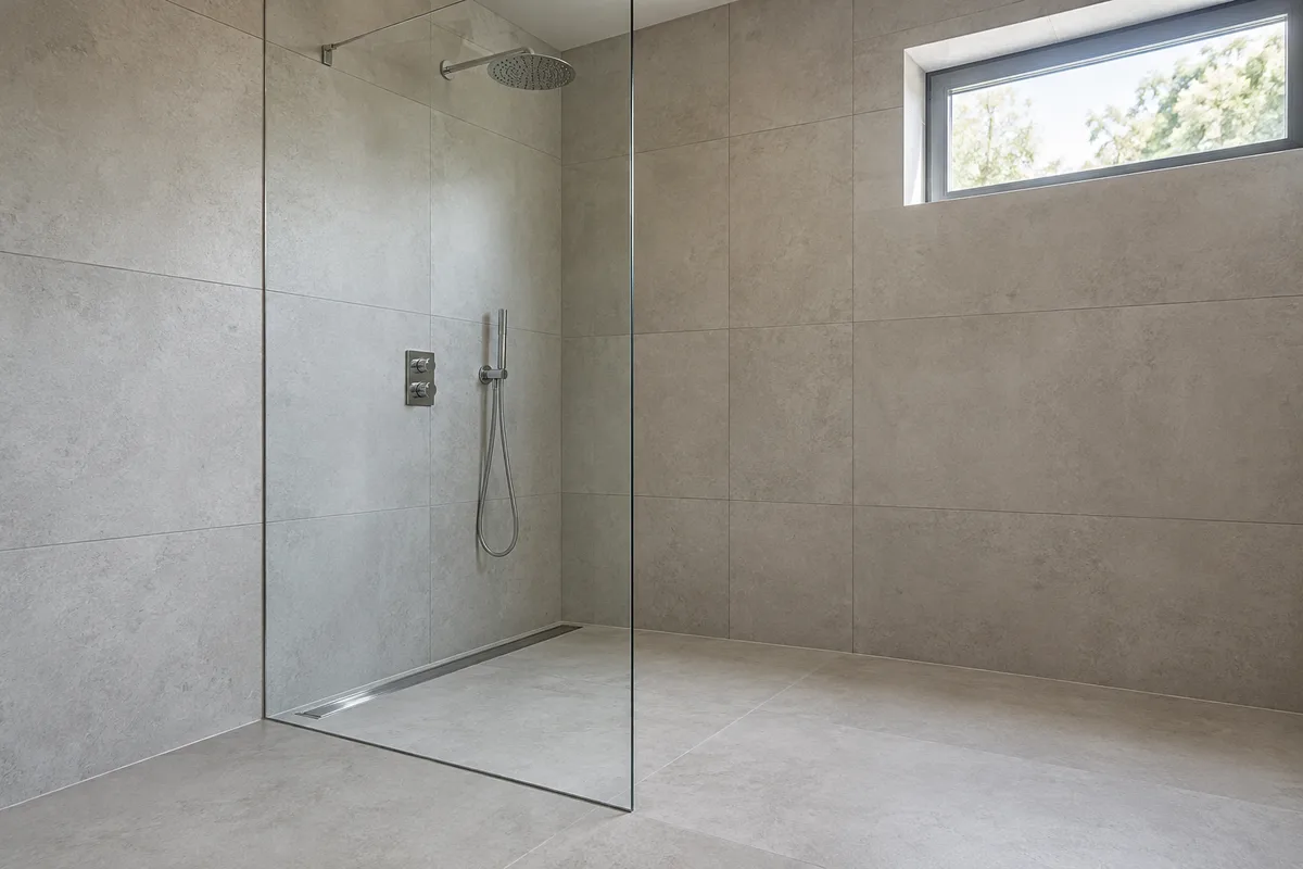 Douche de plain-pied en grès cérame gris clair, paroi en verre fixe et robinetterie murale chromée