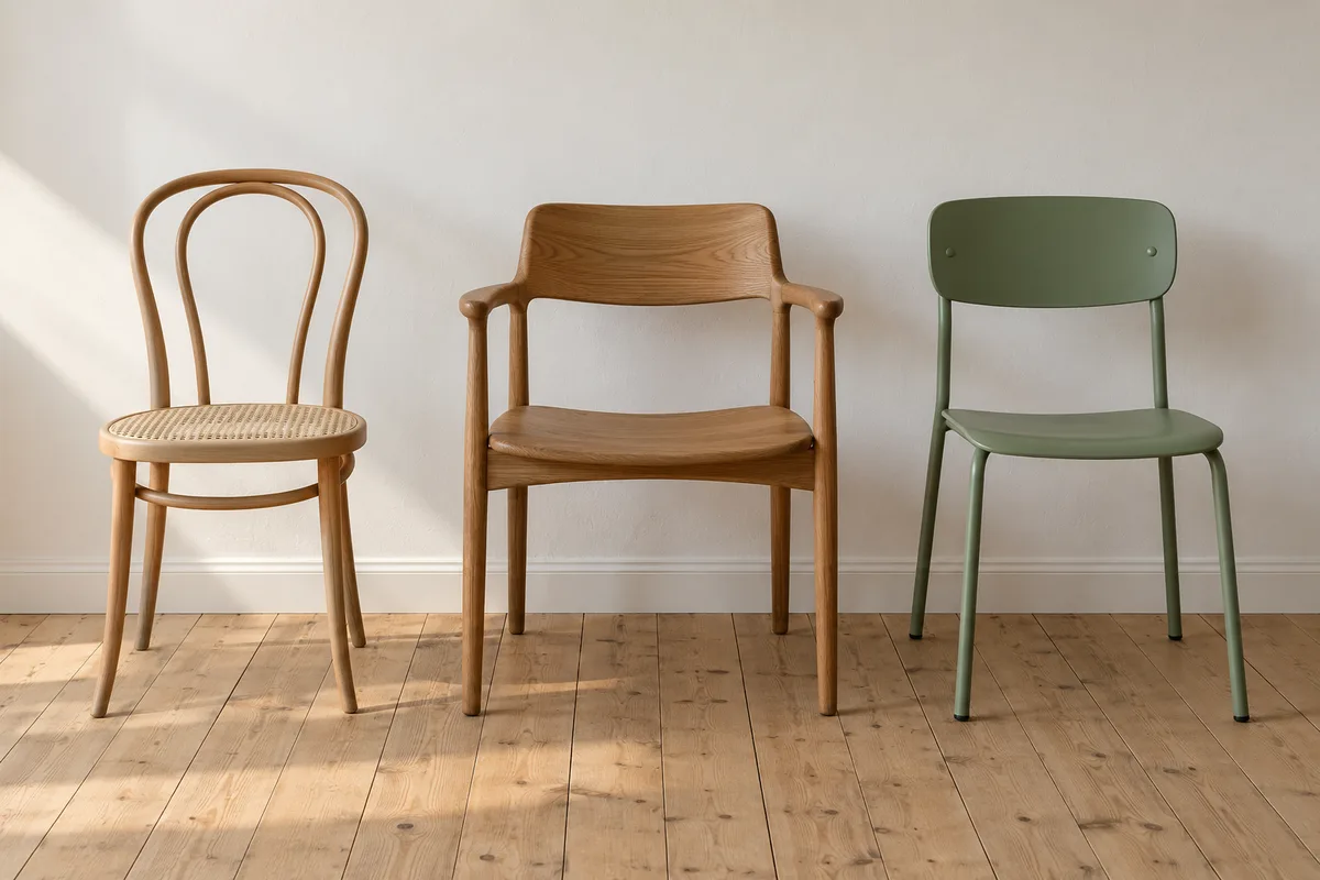 Trois chaises de salle à manger en hêtre canné, en chêne à accoudoirs et en métal vert sauge
