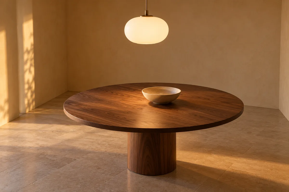 Table ronde en noyer sous une suspension en verre opalin allumée