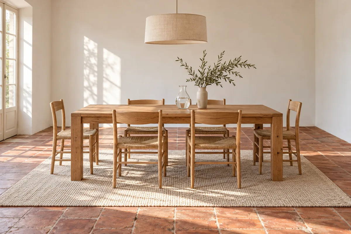 Salle à manger : table, chaises, sol et passages