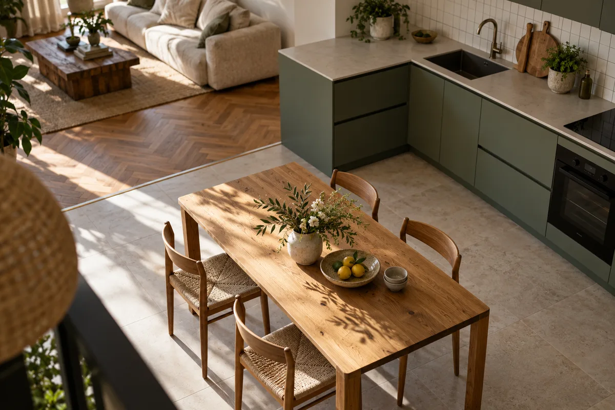 Cuisine en L claire ouverte sur un séjour avec table en bois et canapé bas