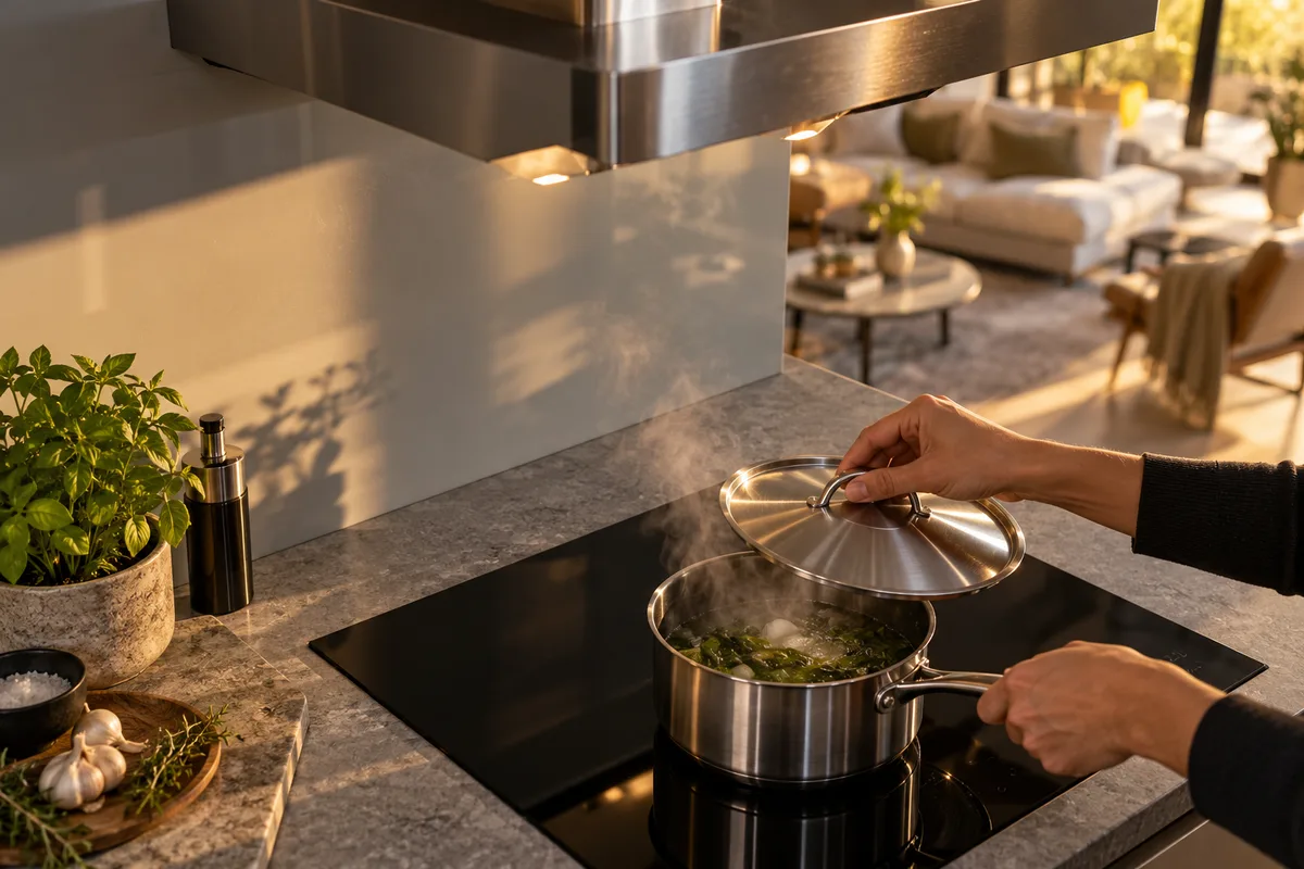 Hotte suspendue au-dessus d’une plaque de cuisson, vapeur montant d’une casserole