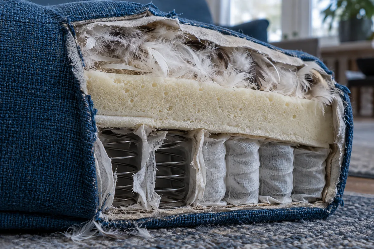 Coupe d’un coussin de canapé montrant une âme en mousse enveloppée de plumes et une base à ressorts ensachés