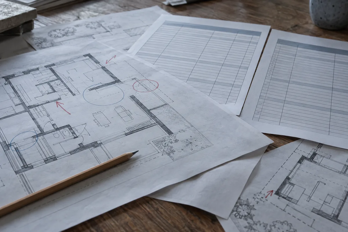 Plans annotés, descriptif des travaux et devis étalés sur une table pour comparaison