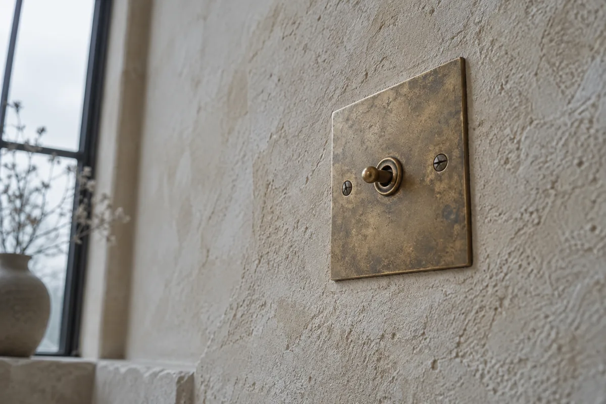 Plaque d’interrupteur en laiton patiné posée sur un mur enduit à la chaux de teinte sable