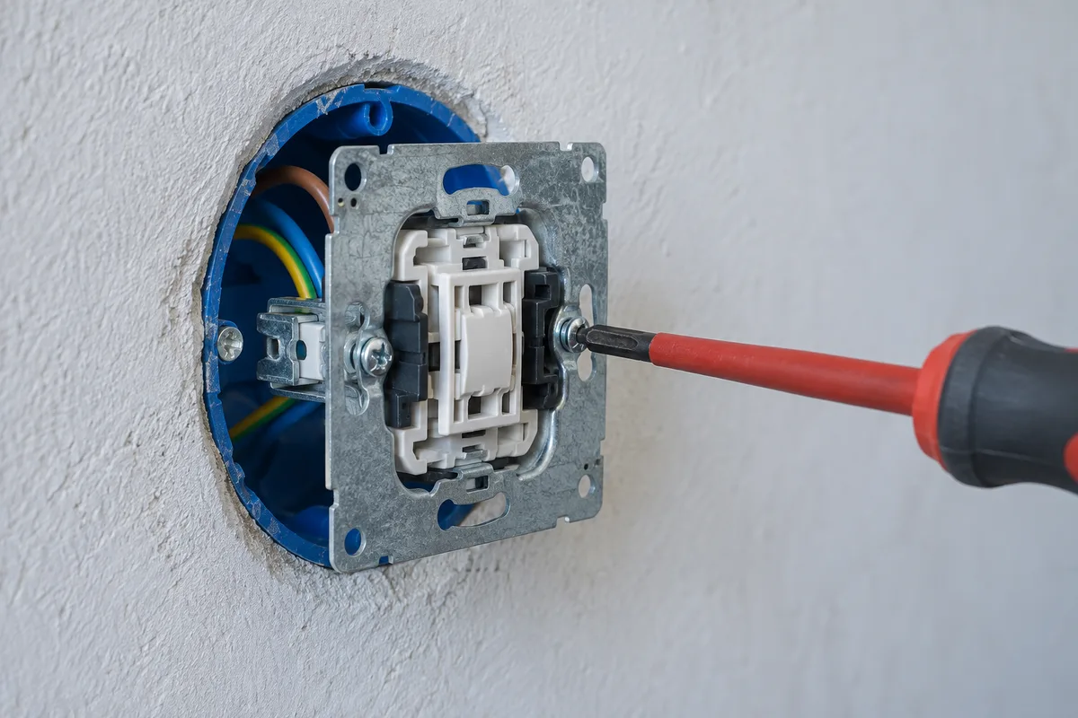 Électricien fixant un mécanisme d’interrupteur dans une boîte d’encastrement ronde avant la pose de la plaque