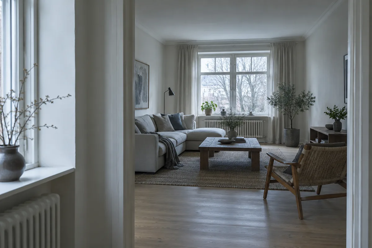 Séjour aux murs blanc cassé où la lumière d&rsquo;une fenêtre se diffuse jusqu&rsquo;au fond de la pièce