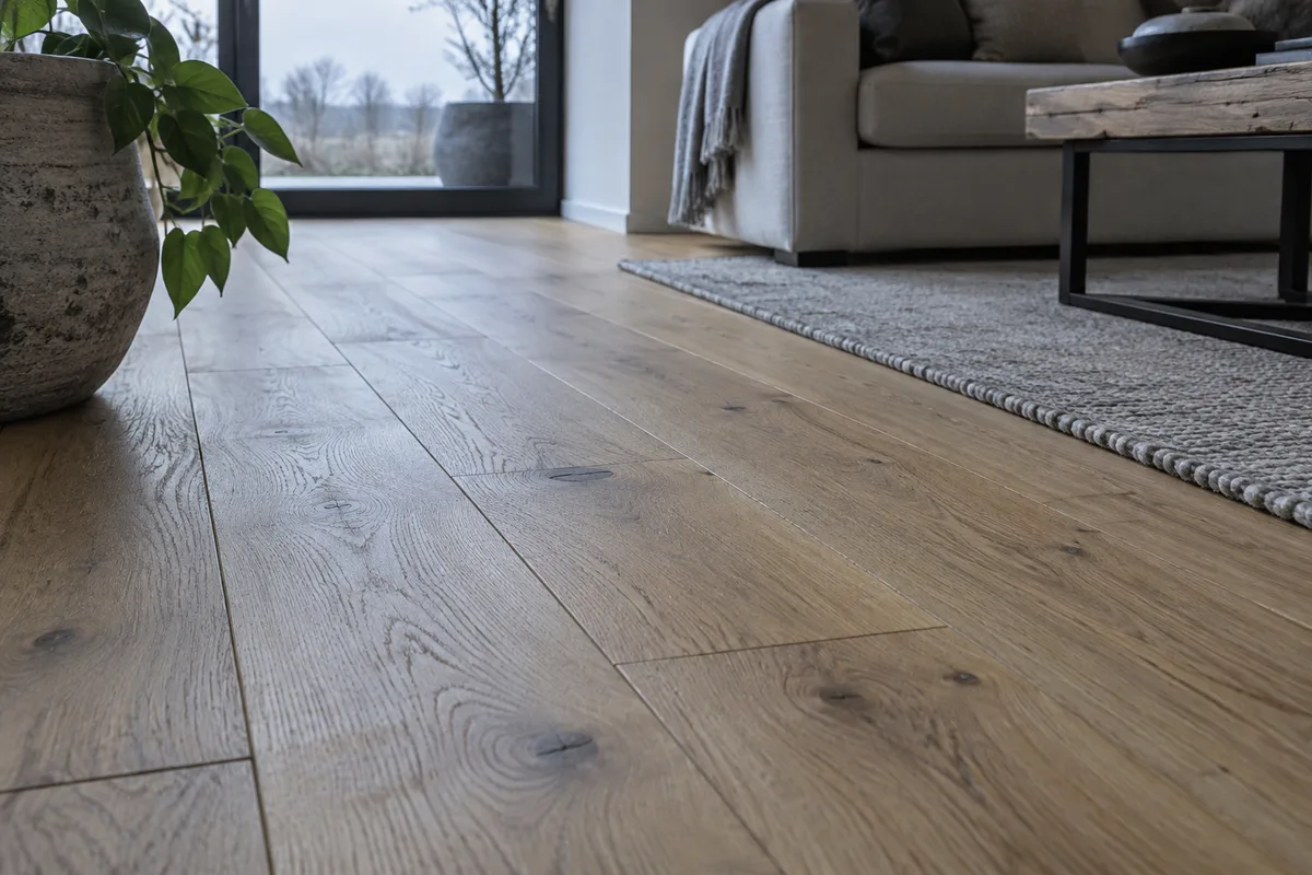 Parquet en chêne massif huilé à larges lames dans un séjour baigné de lumière naturelle