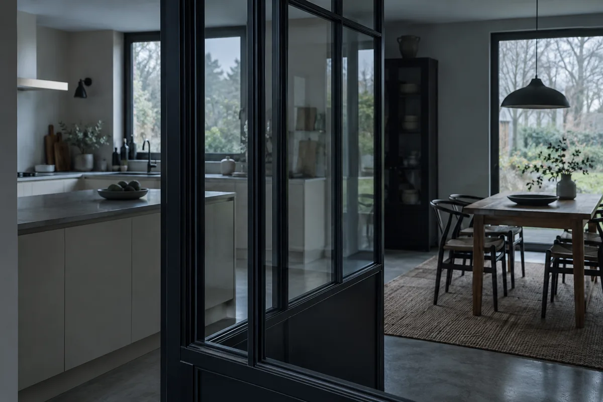 Verrière d’atelier aux profilés en acier noir séparant une cuisine claire d’une salle à manger