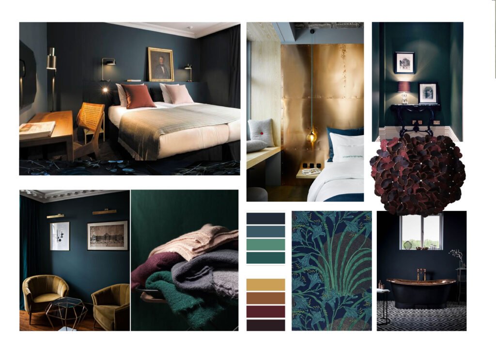 planche tendance chambre or et bleu nuit