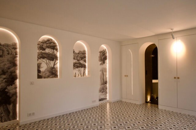 chambre, carreaux de ciments, alcôve, éclairage indirect, papier peint panorama, architecte d'intérieur paris