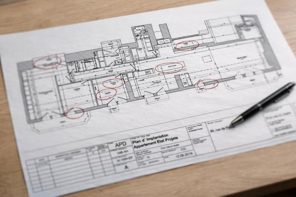 Annotated architectural floor plan on a work table, highlighting key decision points in a Paris renovation project managed through independent client-side representation.