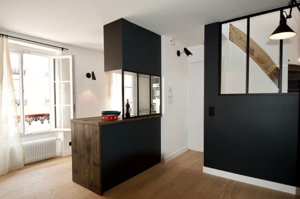 Duplex pied-à-terre Paris 12e, espace cuisine et séjour avec verrière, projet en client-side representation
